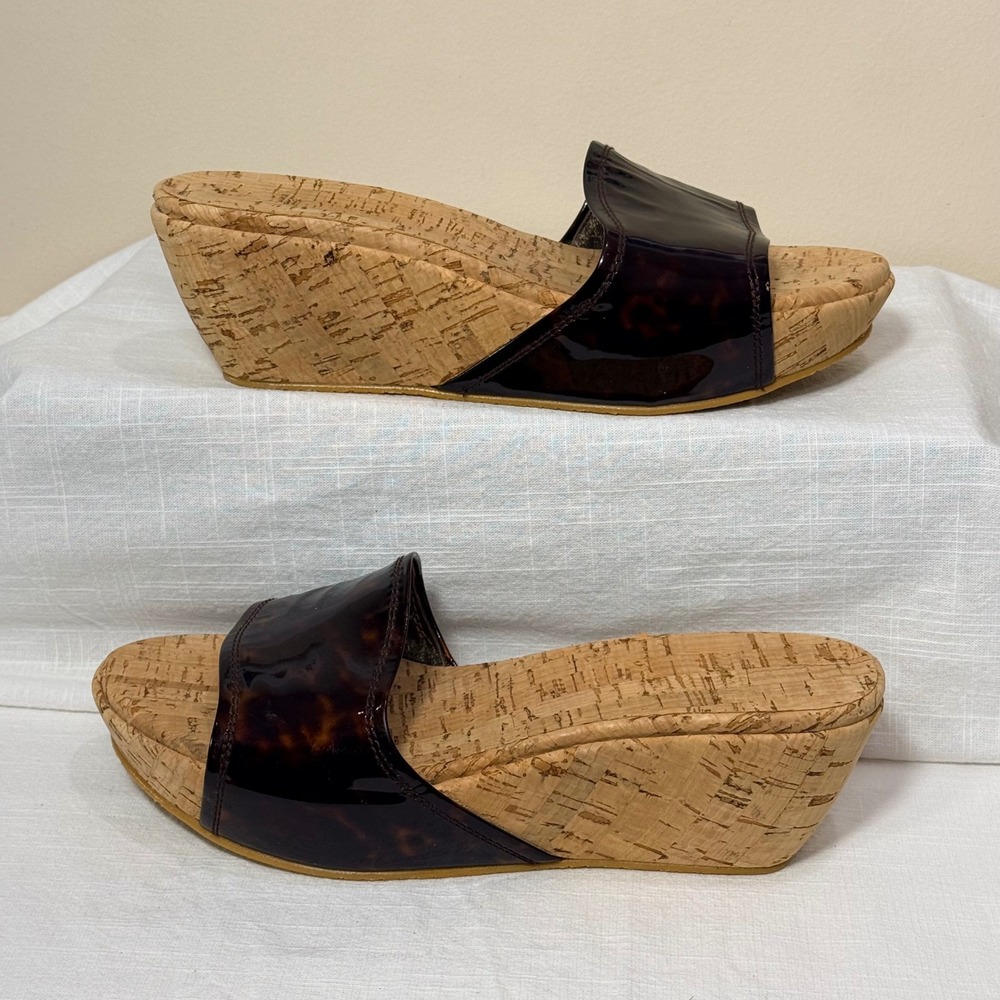 Stuart Weitzman Tortoise Patent‎ Cork Wedge Slide Sandals Women's Sz 8.5M Resort - Picture 11 of 15